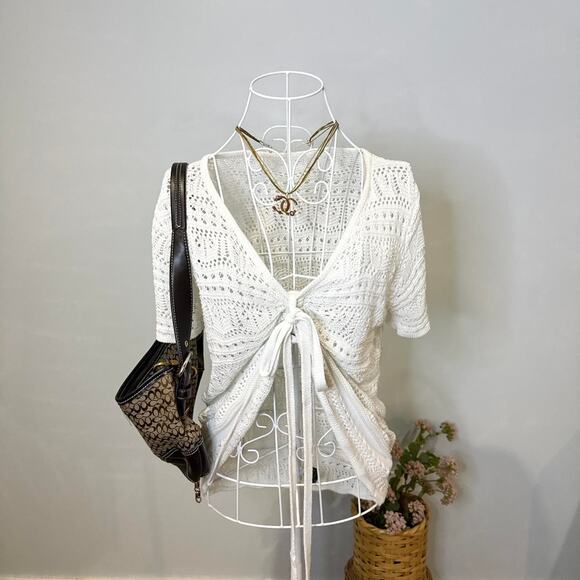 Cute vintage y2k white cinched crochet babydoll bolero blouse top - Picture 2 of 7